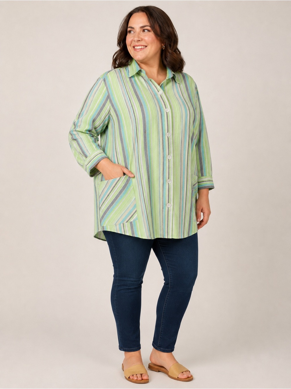 For Cynthia Linen Blend Striped Button Up Shirt Plus Size 2X Coastal, Resort